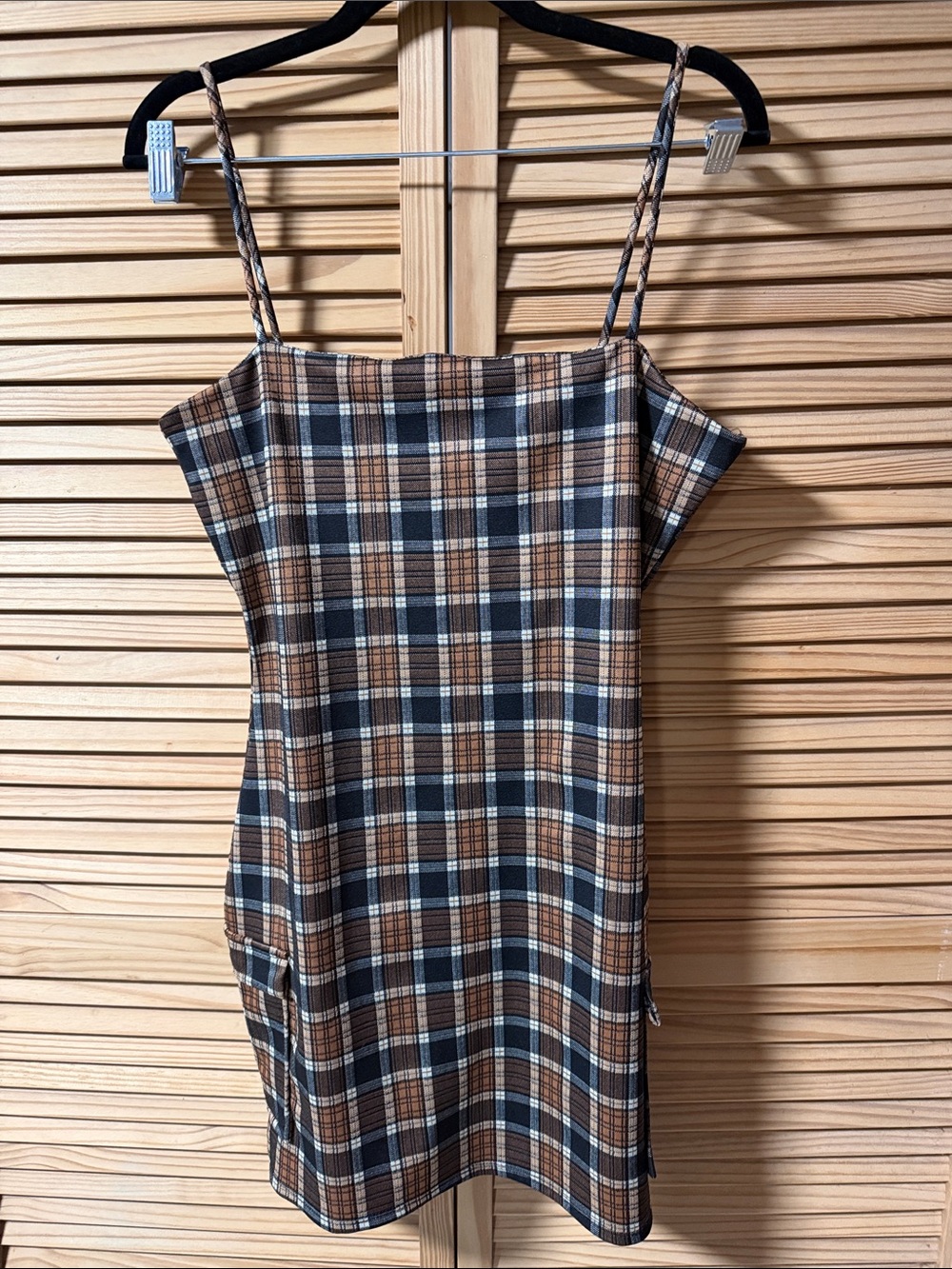 Windsor Brown and Black Plaid Spaghetti-Strap Mini Dress